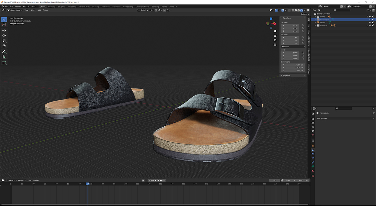 3D scanned slip-on sliders rendered in Blender with subtle texture details.